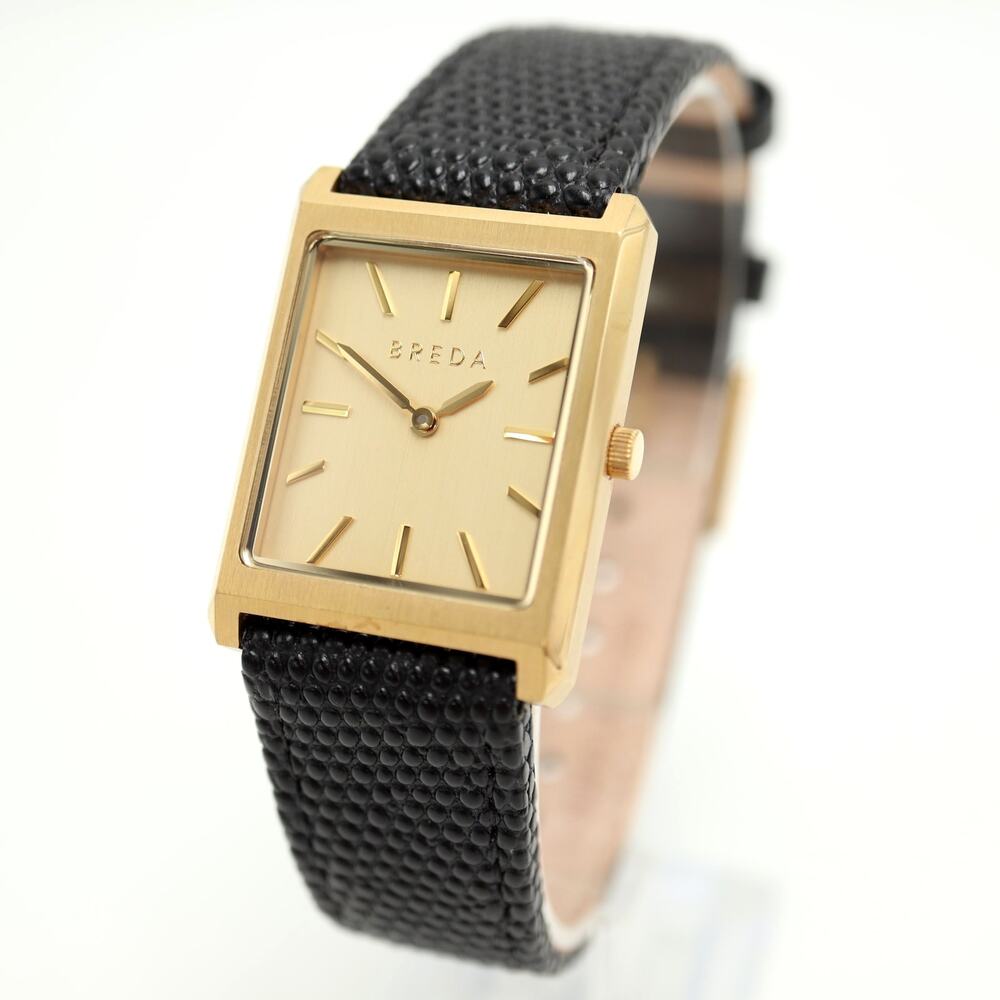 Breda Virgil Gold Tone Unisex 26mm Tank Dress Watch Black Leather w New Battery